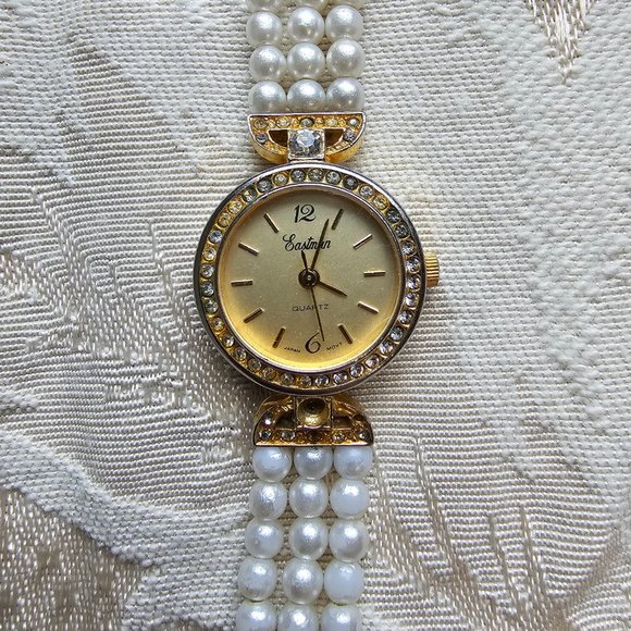 Eastman Quartz Gold Tone Pearl Rhinestone Watch - Picture 9 of 16